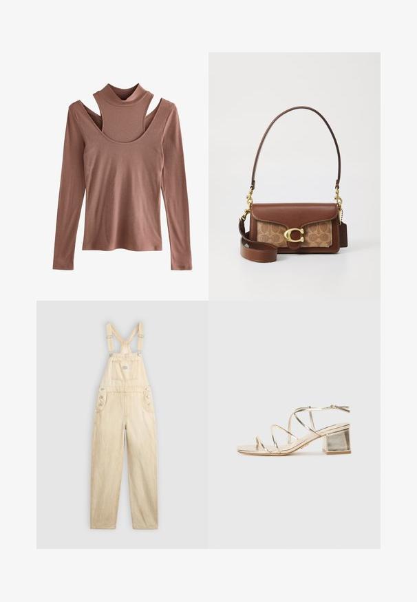 Pikend varrukatega pluus tuhm pronksikarva, ribakoes, millel on vale kaelus ja silmapaistev õlavarre lõikekujundus.; Helebeige denimist valmistatud üldriided, millel on ruudukujuline tasku, reguleeritavad rihmad, külgedel nööbid ja laiad sääred.; Kuldne metallik vöödega sandaal neljakandilise kontsaga ja avatud varbaga. Omab õhukesi rihmasid ja tagumist pahkluu rihma, et kohandada.; Pruun nahkne käekott kuldse klambriga, millel on mustriga beež paneel. Sisaldab eemaldatavat õlavarre rihma ja silikooniga kaubamärgi sildikest.