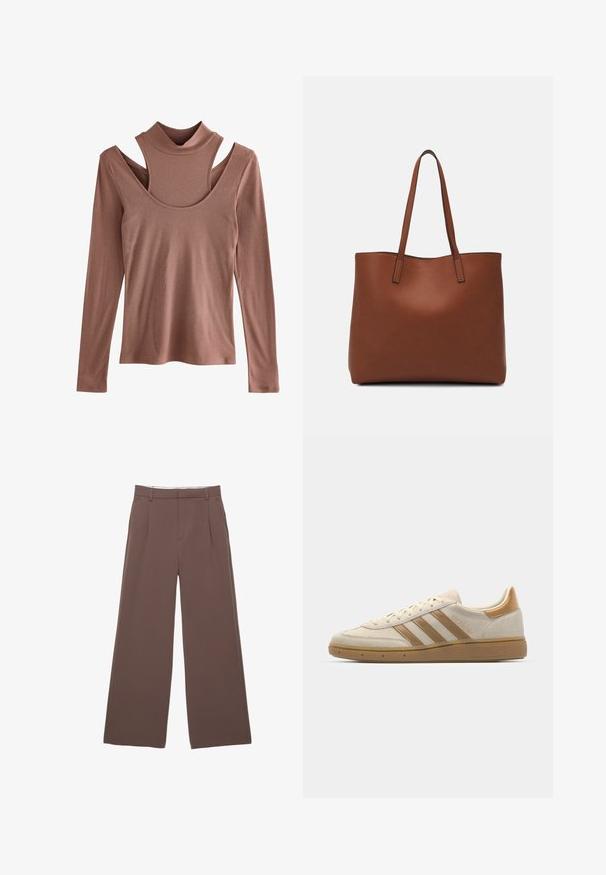 Maglietta a maniche lunghe in un colore ruggine smorzato, con texture a coste, dotata di collo alto e un design distintivo con spalle a taglio.; Pantaloni a gamba larga in tessuto marrone uniforme, con una trama liscia, pieghe frontali e una vita su misura. Senza loghi o motivi visibili.; Sneaker in suede beige con accenti marroni chiari. Presenta tre strisce marroni, suola in gomma testurizzata e design a punta arrotondata.; Borsa tote in pelle marrone con texture liscia, design con apertura superiore e due spallacci. Presenta cuciture minime e nessun hardware visibile.