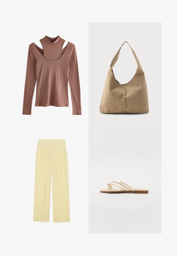 Langærmet bluse i dæmpet rustfarve, ribbet tekstur, med en stå-krave og en markant skåret skulderdesign.; Lysgule bredbenede bukser lavet af et tekstureret stof, med en plisseret front og et højt elastisk taljebånd.; Beige flade sandaler med tre tynde stropper og en lille rund guldfarvet detalje. Glat materiale med et minimalistisk design og en brun sål.; Hobo taske i blød beige ruskind med en afslappet form, bred skulderrem og håndsyet sømdetalje langs fronten.