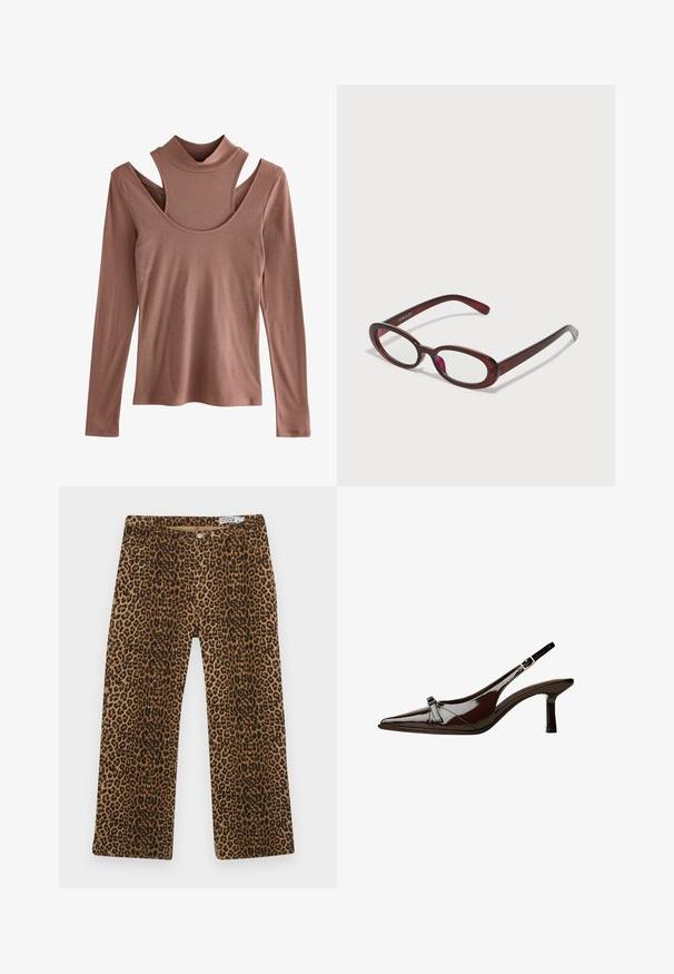 Hosszú ujjú felső tompa rozsdaszínben, bordázott textúrával, álcázott gallérral és jellegzetes kivágott váll dizájnnal.; Leopárdmintás nadrág barna és fekete mintával, egyenes szárú kialakítással és klasszikus öt zsebes stílussal. Pamut keverékből készült.; Barna lakkbőr slingback cipő hegyes orral, alacsony sarkal és díszes masnival elöl. Simma, fényes felület.; Ovális alakú piros napszemüveg átlátszó lencsékkel és karcsú barna kerettel. A dizájn diszkrét íveket és minimális szerelvényeket mutat.; Burgundi bőrtáska puhán ráncolt dizájnnal és kerek alakban. A fogantyú rögzítve van, sima textúrával rendelkezik.