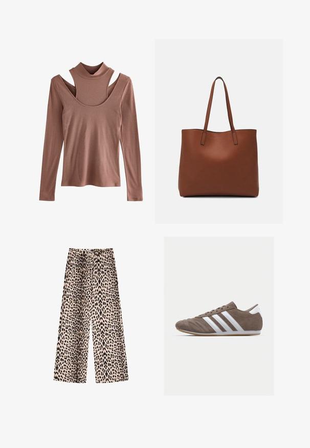 Gariezo piedurknēm augšdaļa izplūdušā rūsas krāsā, ribota tekstūra, ar augstu apkakli un izteiksmīgu plecu griezumu.; Platas kājas bikses ar leoparda rakstu, kurām ir gaiši bežs fons ar melniem un brūniem plankumiem, izgatavotas no teksturēta auduma.; Brūnas zamšādas sporta kurpes ar baltām svītrām, apaļā purngala forma, ar auklēm, un gumijas zole. Tekstūrēts augšdaļa ar šuvju detaļām.; Brūna ādas iepirkumu soma ar gludu tekstūru, atvērta augšdaļa un divas plecu siksnas. Izceļas ar minimālām šuvēm un redzamu aparatūru nav.