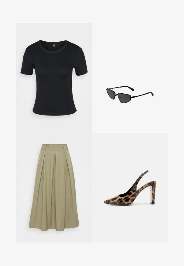 Fekete bordázott rövid ujjú póló, kerek nyakkivágással. Puha tapintású és testhez simuló fazon, egyenes aljjal és minimális részletezéssel.; Kaki pliszírozott szoknya könnyű anyagból, magas derékkal és letisztult vonalakkal; diszkrét fénylással és látható díszítések nélkül.; Leopárdmintás slingback pump, hegyes orral és átlátszó blokk talppal. Fényes anyagból készült, sima tapintású.; Fekete metal napszemüveg szögletes kerettel és sötét lencsékkel. Vékony, egyenes szárakkal és orrpárnákkal rendelkezik a biztos illeszkedés érdekében.
