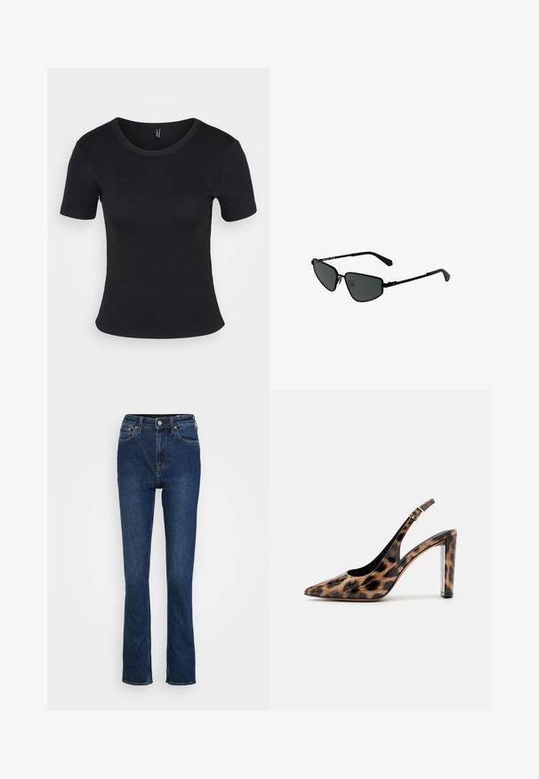 Must mustriba lühikeste varrukatega T-särk, ümmarguse kaelusega. Pehme tekstuur ja vormiv disain, otsekandiga ja minimaalsete detailidega.; Kõrge vöökohaga sinised denim teksad sirge sääre disainiga, sisaldavad viit taskut, diskreetset kulumist ja vasktooni detailide aktsente.; Leopardimustriga saadaval sanga pump kõrge kontsaga, millel on terav varvas ja läbipaistev plokktald. Valmistatud läikivast materjalist, millel on sile tekstuur.; Mustade metallik prillid nurgeliste raamidega ja tumedate objektiividega. Omavad õhukesi sirgeid käsi ja nina padjakesi, mis tagavad kindla istuvuse.