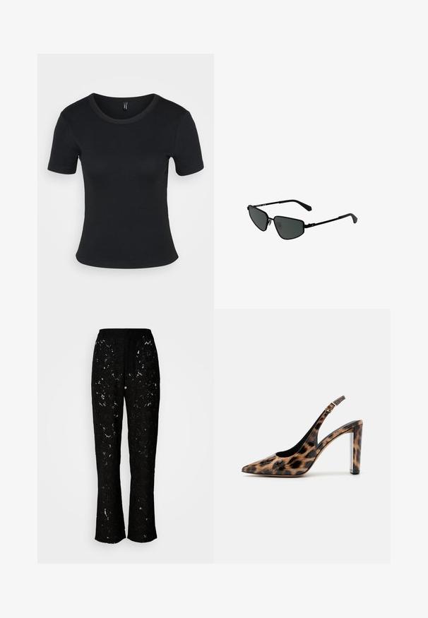 Tricou scurt cu mânecă scurtă de culoare neagră, cu guler rotund. Textură moale și design ajustat, cu o tivă dreaptă și detalii minime.; Pantaloni negri din dantelă cu un model floral, design cu picioare largi și o textură netedă. Prezintă o talie și o siluetă fluidă.; Pantof cu toc înalt, cu imprimeu leopard, cu vârf ascuțit și toc transparent. Fabricat dintr-un material lucios, cu o textură netedă.; Ochelari de soare negri din metal cu rame unghiulare și lentile întunecate. Au brațe subțiri și drepte și suporturi pentru nas pentru o potrivire sigură.; Cercel din argint cu un finisaj polișat, având detalii mici din aur și o formă rotundă, purtat pe lobul urechii.
