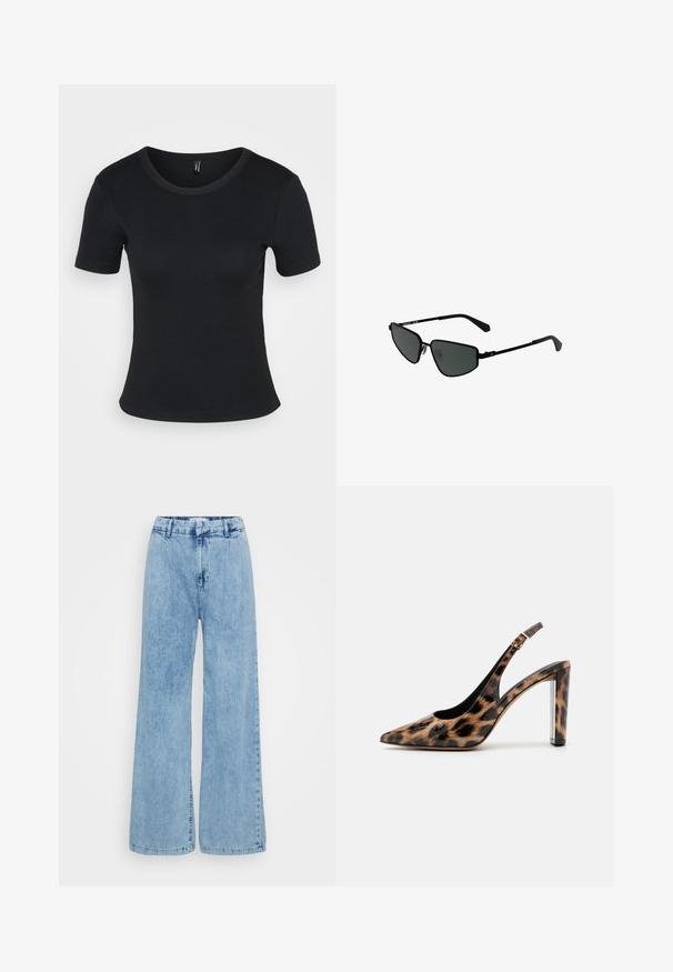 Sort ribbet t-skjorte med korte ermer og rund hals. Myk tekstur og tettsittende design, med rett kant og minimalistiske detaljer.; Lyseblå vide jeans laget av denim, med høy midje, frontknappelukking og subtil falming over stoffet.; Leopardmønstret slingback pumpsko med spidse tæer og gennemsigtig blokhæl. Lavet af glossy materiale med en glat tekstur.; Svarte metal solbriller med kantete rammer og mørke linser. Har tynne, rette armer og nesepads for en sikker passform.; Sølv ringøredob med en polert finish, med små gull detaljer og en rund form, båret på øreflippen.