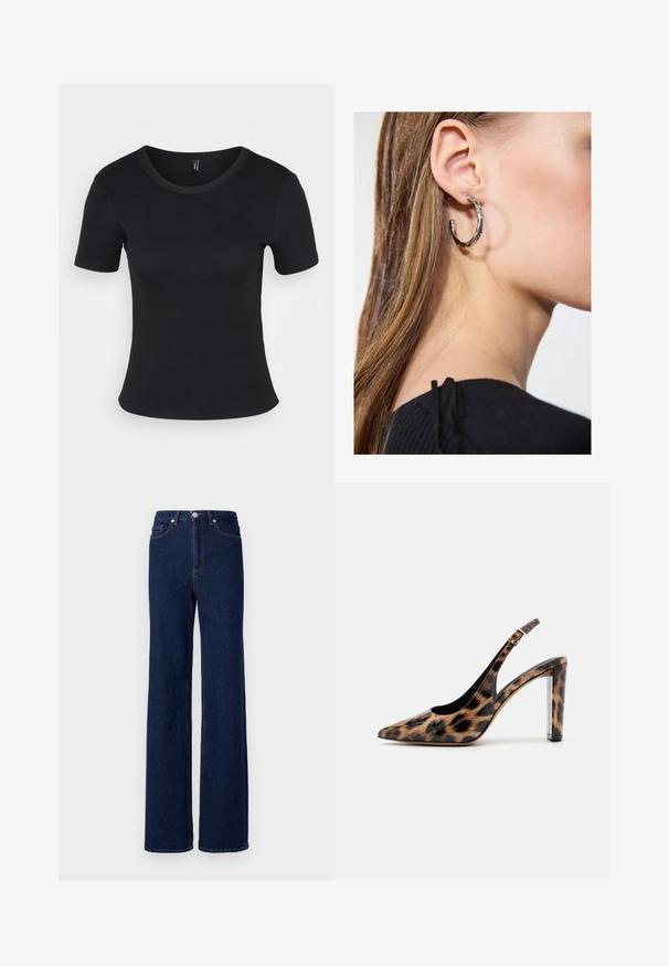 Tricou scurt cu mânecă scurtă de culoare neagră, cu guler rotund. Textură moale și design ajustat, cu o tivă dreaptă și detalii minime.; Jeans de denim albastru închis cu talie înaltă, croi larg și design clasic cu cinci buzunare. Finalizați cu cusături contrastante și un buton metalic.; Pantof cu toc înalt, cu imprimeu leopard, cu vârf ascuțit și toc transparent. Fabricat dintr-un material lucios, cu o textură netedă.; Cercel din argint cu un finisaj polișat, având detalii mici din aur și o formă rotundă, purtat pe lobul urechii.