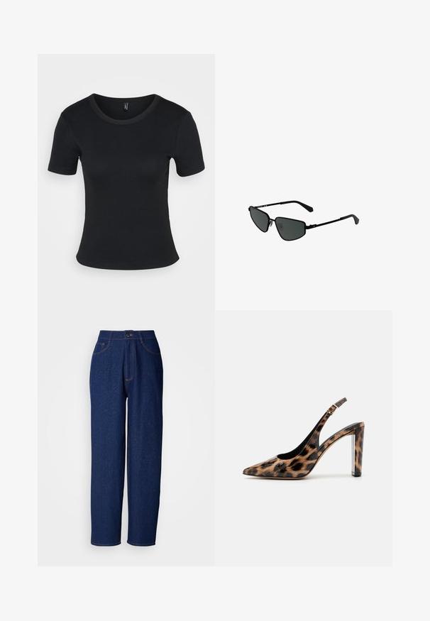 Melna ribota īsā piedurkne t-kreklā ar apaļu kakla izgriezumu. Mīksta tekstūra un pieguļošs dizains, ar taisnu apakšmalu un minimālu noformējumu.; Tumši zilo džinsu plaša kāju bikses ar augstu vidukli, ar oranžiem šuvēm, priekšējām kabatām un pogu aizdari. Gluda tekstūra ar smalkiem punktiņiem.; Lāču raksta slingback kurpes ar norādītu purngalu un caurspīdīgu bloku papēdi. Izgatavotas no spīdīgas masas ar gludu tekstūru.; Melnās metāla saulesbrilles ar leņķveida rāmjiem un tumšiem stikliem. Tām ir plānas, taisnas kājas un deguna spilventiņi drošai piegulšanai.; Sudraba auskars ar pulētu apdari, ar maziem zelta akcentiem un apaļu formu, uz ausu ļipiņas.