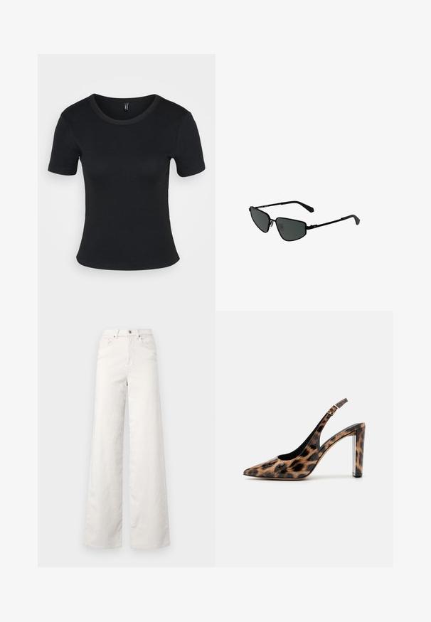 Black ribbed short-sleeve t-shirt with a round neckline. Soft texture and fitted design, featuring a straight hem and minimal detailing.; ONLY Tall ONLHOPE GLOBAL HIGH WAIST WIDE - Trousers - pumice stone; Leopard print slingback pump with a pointed toe and transparent block heel. Made of glossy material with a smooth texture.; Black metal sunglasses with angular frames and dark lenses. Features thin, straight arms and nose pads for secure fit.