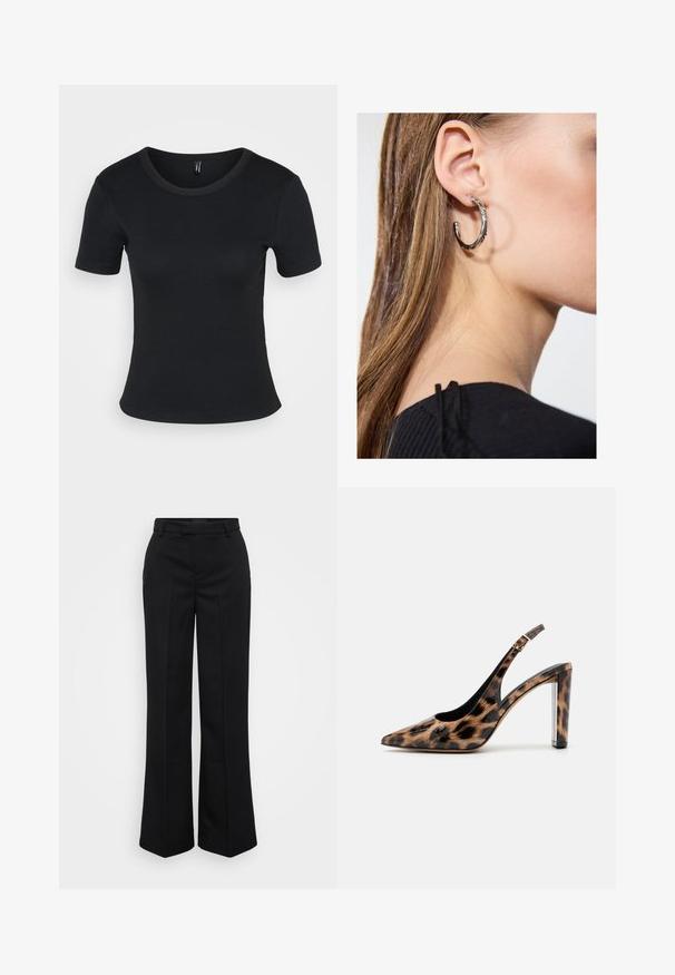 Melna ribota īsā piedurkne t-kreklā ar apaļu kakla izgriezumu. Mīksta tekstūra un pieguļošs dizains, ar taisnu apakšmalu un minimālu noformējumu.; Gina Tricot Tall STRAIGHT TROUSERS - Auduma bikses - black; Lāču raksta slingback kurpes ar norādītu purngalu un caurspīdīgu bloku papēdi. Izgatavotas no spīdīgas masas ar gludu tekstūru.; Sudraba auskars ar pulētu apdari, ar maziem zelta akcentiem un apaļu formu, uz ausu ļipiņas.