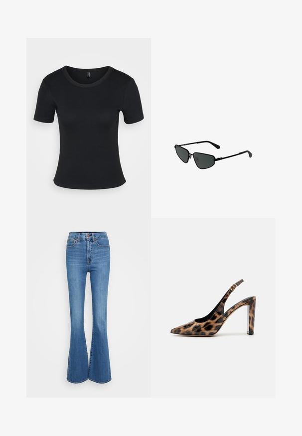 Camiseta negra de manga corta con un cuello redondo. Textura suave y diseño ajustado, con un dobladillo recto y un detalle mínimo.; Vaqueros de mezclilla azul acampanados con cintura alta, que cuentan con bolsillos cosidos, botón de metal y una textura suave. Diseño clásico de cinco bolsillos.; Zapato de salón con estampado de leopardo y tacón de bloque transparente. Fabricado con material brillante y textura suave.; Gafas de sol de metal negro con montura angular y lentes oscuros. Cuentan con varillas delgadas y rectas, así como almohadillas nasales para un ajuste seguro.