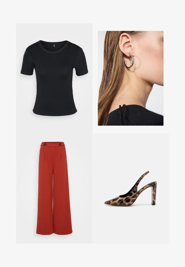 Mustat ribattut lyhythihaiset t-paidat, joissa on pyöreä kaula-aukko. Pehmeä rakenne ja istuva muotoilu, suora helma ja minimaalinen yksityiskohtaisuus.; Erittäin leveät housut syvän punaruskeasta kankaasta. Ominaisuuksia ovat kaksi etutaskua ja kaksi nappia vyötäröllä. Suora rakenne, rento muotoilu.; Sandaali leopard-kuvioisella varrella, jossa on terävä nenä ja läpinäkyvä lohko korko. Valmistettu kiiltävästä materiaalista, jolla on sileä pinta.; Hopea renkaankorvakoru kiiltävällä pinnalla, jossa on pieniä kultaisia yksityiskohtia ja pyöreä muoto, käytetty korvalla.