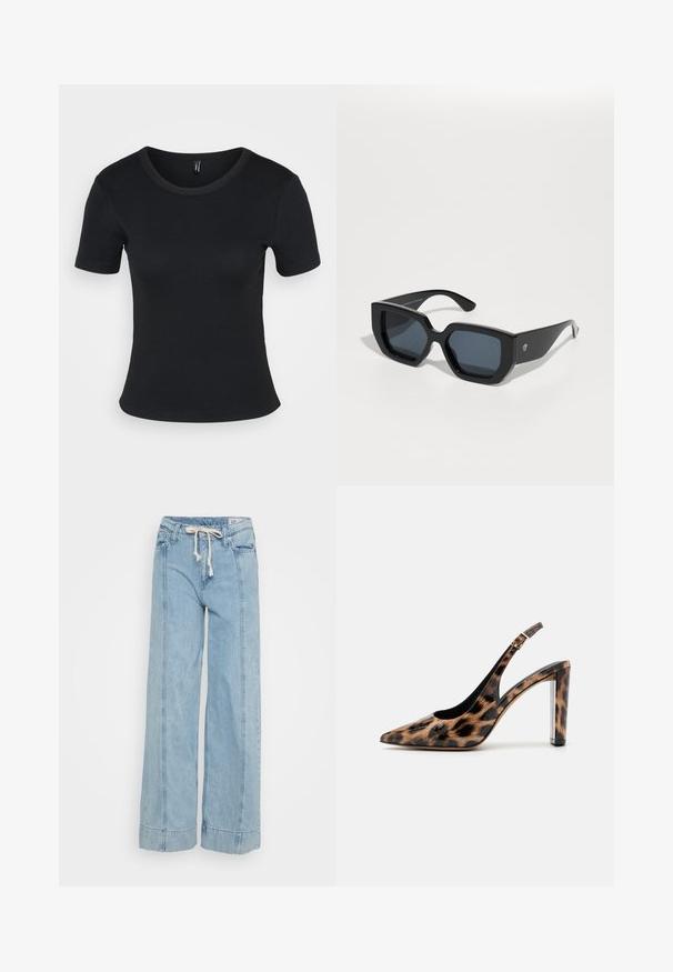 Mustat ribattut lyhythihaiset t-paidat, joissa on pyöreä kaula-aukko. Pehmeä rakenne ja istuva muotoilu, suora helma ja minimaalinen yksityiskohtaisuus.; Vaaleansiniset leveälahkeiset farkut, jotka on valmistettu denimsistä. Omaavat nyörivyön, hillityt ompeluseikat ja käännetyt lahkeet.; Sandaali leopard-kuvioisella varrella, jossa on terävä nenä ja läpinäkyvä lohko korko. Valmistettu kiiltävästä materiaalista, jolla on sileä pinta.; Mustat ylisuuret aurinkolasit, joissa on geometrinen muotoilu, suorakulmaiset linssit ja kiiltävä pinta. Ei näkyvää brändäystä edessä.
