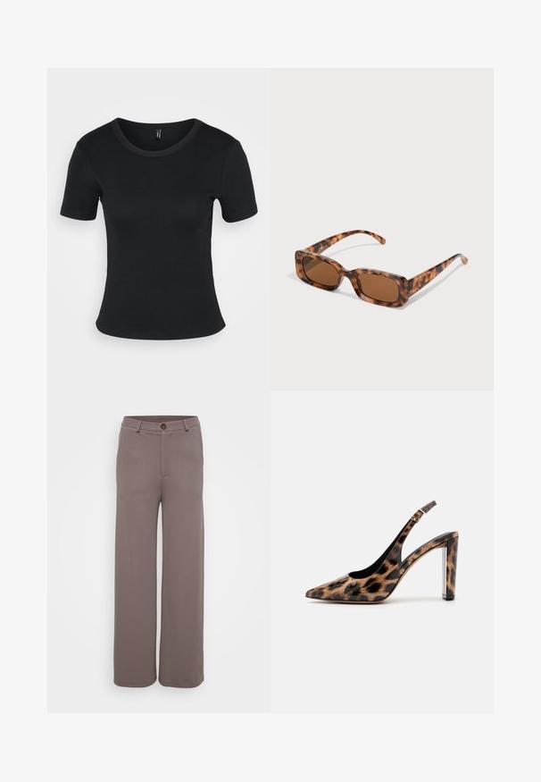 Black ribbed short-sleeve t-shirt with a round neckline. Soft texture and fitted design, featuring a straight hem and minimal detailing.; Wide-leg trousers in a smooth, muted brown fabric with front pockets, a button closure, and a tailored waistband.; Leopard print slingback pump with a pointed toe and transparent block heel. Made of glossy material with a smooth texture.; Tortoiseshell sunglasses with rectangular brown lenses, a thick frame, and slim arms featuring a pattern of varying shades of brown.