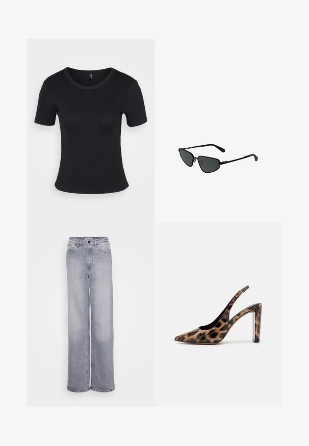Mustat ribattut lyhythihaiset t-paidat, joissa on pyöreä kaula-aukko. Pehmeä rakenne ja istuva muotoilu, suora helma ja minimaalinen yksityiskohtaisuus.; ONLY Tall ONLJUICY WIDE LEG - Leveälahkeiset - medium grey denim; Sandaali leopard-kuvioisella varrella, jossa on terävä nenä ja läpinäkyvä lohko korko. Valmistettu kiiltävästä materiaalista, jolla on sileä pinta.; Mustat metalliset aurinkolasit, joissa on kulmikkaat kehykset ja tummat linssit. Sisältää ohuet, suorat varret ja nenätyynyt varman istuvuuden takaamiseksi.; Hopea renkaankorvakoru kiiltävällä pinnalla, jossa on pieniä kultaisia yksityiskohtia ja pyöreä muoto, käytetty korvalla.