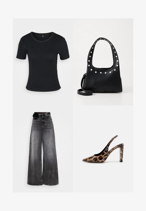 Sort ribbet t-skjorte med korte ermer og rund hals. Myk tekstur og tettsittende design, med rett kant og minimalistiske detaljer.; Vide benjeans i falmet svart denim, med høy midje og en dekorativ svart blomstermotiv på livet.; Leopardmønstret slingback pumpsko med spidse tæer og gennemsigtig blokhæl. Lavet af glossy materiale med en glat tekstur.; Svart teksturert skinnhåndveske med sølvfargede nagler langs toppkanten og håndtakene, med et kort håndtak og en avtagbar stropp.; Sølv ringøredob med en polert finish, med små gull detaljer og en rund form, båret på øreflippen.