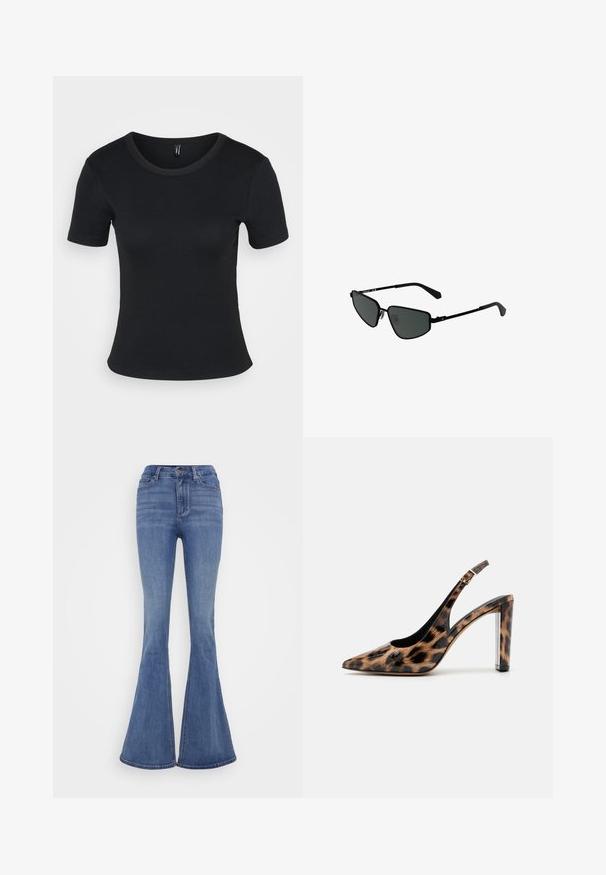 Mustat ribattut lyhythihaiset t-paidat, joissa on pyöreä kaula-aukko. Pehmeä rakenne ja istuva muotoilu, suora helma ja minimaalinen yksityiskohtaisuus.; Vaaleansiniset leveälahkeiset farkut korkealla vyötäröllä, valmistettu denimistä. Omistaa etu-napituskiinnityksen ja sileän pinnan.; Sandaali leopard-kuvioisella varrella, jossa on terävä nenä ja läpinäkyvä lohko korko. Valmistettu kiiltävästä materiaalista, jolla on sileä pinta.; Mustat metalliset aurinkolasit, joissa on kulmikkaat kehykset ja tummat linssit. Sisältää ohuet, suorat varret ja nenätyynyt varman istuvuuden takaamiseksi.; Hopea renkaankorvakoru kiiltävällä pinnalla, jossa on pieniä kultaisia yksityiskohtia ja pyöreä muoto, käytetty korvalla.