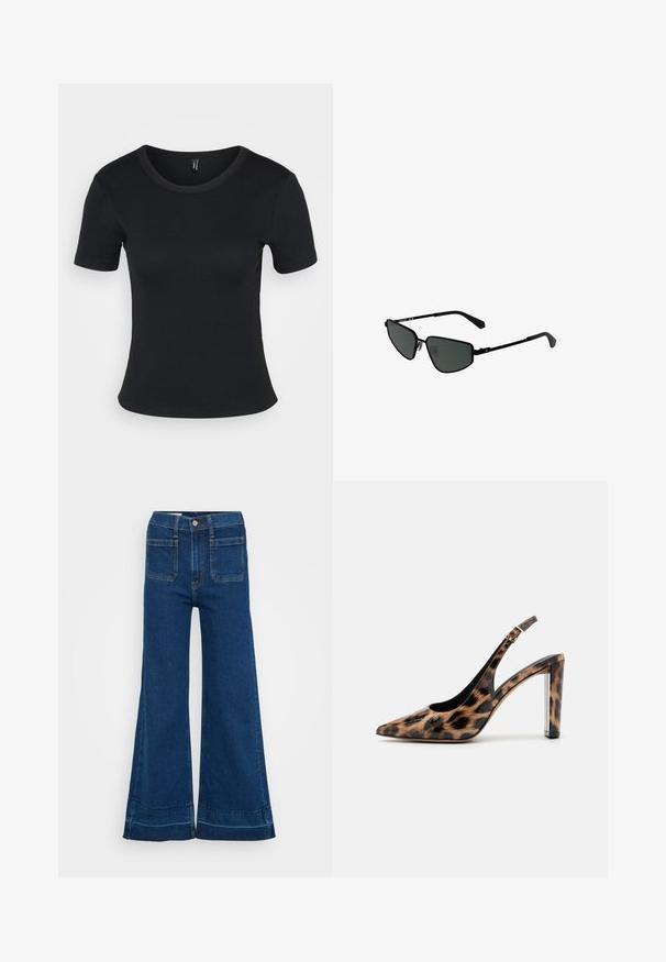 Sort ribbet t-skjorte med korte ermer og rund hals. Myk tekstur og tettsittende design, med rett kant og minimalistiske detaljer.; Bla jeans med høy midje og utsvingte ben, med knappelukking, to baklommer og oppbrettede ben. Teksturert stoff med synlige sømmer.; Leopardmønstret slingback pumpsko med spidse tæer og gennemsigtig blokhæl. Lavet af glossy materiale med en glat tekstur.; Svarte metal solbriller med kantete rammer og mørke linser. Har tynne, rette armer og nesepads for en sikker passform.
