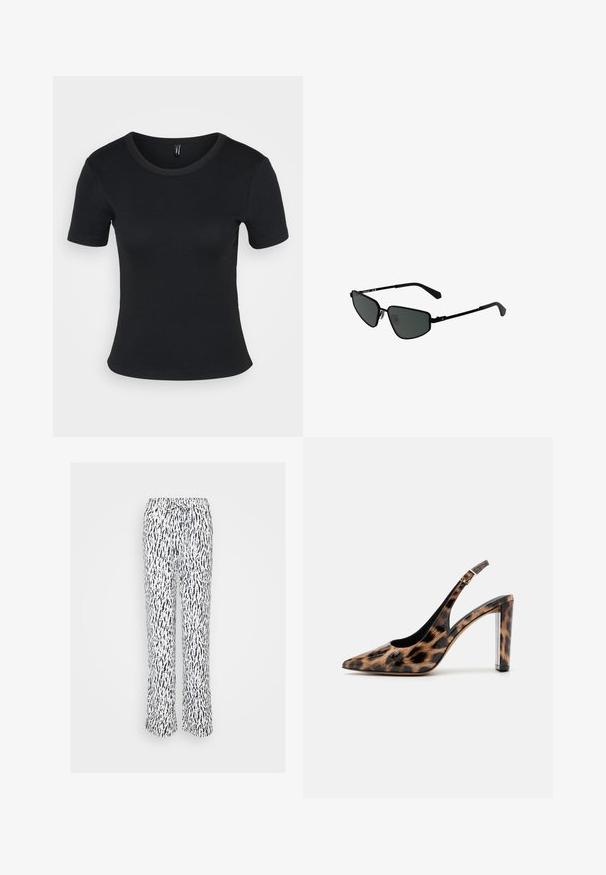 T-shirt noir à rayures, à manches courtes et col rond. Texture douce et design ajusté, avec un ourlet droit et un minimum de détails.; Pantalons blancs avec un motif abstrait bleu marine, dotés d'une taille élastique et d'un cordon de serrage réglable. Conception à jambes droites avec une coupe ample.; Escarpin à dos nu en imprimé léopard avec un bout pointu et un talon bloc transparent. Fabriqué en matériau brillant avec une texture lisse.; Lunettes de soleil de style black metal avec des montures angulaires et des verres foncés. Elles présentent des branches fines et droites ainsi que des coussinets de nez pour un maintien sécurisé.