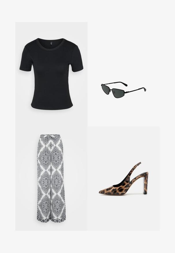 Mustat ribattut lyhythihaiset t-paidat, joissa on pyöreä kaula-aukko. Pehmeä rakenne ja istuva muotoilu, suora helma ja minimaalinen yksityiskohtaisuus.; Löysät lahkeet, joissa on mustavalkoinen geometrinen kuvio. Ominaisuuksiin kuuluvat kiristettävä vyötärö, kevyt kangas ja virtaava siluetti.; Sandaali leopard-kuvioisella varrella, jossa on terävä nenä ja läpinäkyvä lohko korko. Valmistettu kiiltävästä materiaalista, jolla on sileä pinta.; Mustat metalliset aurinkolasit, joissa on kulmikkaat kehykset ja tummat linssit. Sisältää ohuet, suorat varret ja nenätyynyt varman istuvuuden takaamiseksi.