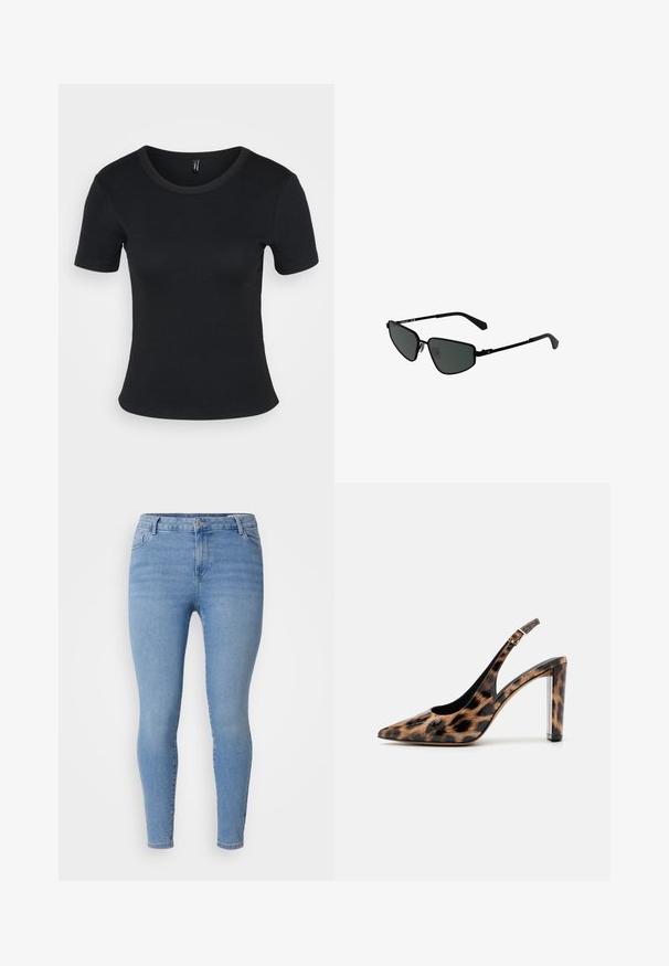 Mustat ribattut lyhythihaiset t-paidat, joissa on pyöreä kaula-aukko. Pehmeä rakenne ja istuva muotoilu, suora helma ja minimaalinen yksityiskohtaisuus.; Vaaleansiniset skinny-farkut, joiden materiaali on denim. Farkuissa on klassinen viisi-taskumalli, vetoketjusuljenta ja kapeat lahkeet. Pintakuvio on sileä ja niissä on kevyt kulunut efekti.; Sandaali leopard-kuvioisella varrella, jossa on terävä nenä ja läpinäkyvä lohko korko. Valmistettu kiiltävästä materiaalista, jolla on sileä pinta.; Mustat metalliset aurinkolasit, joissa on kulmikkaat kehykset ja tummat linssit. Sisältää ohuet, suorat varret ja nenätyynyt varman istuvuuden takaamiseksi.; Hope-silver rengas, joissa on sileä ja kiillotettu pinta. Pyöreä muoto ja turvallinen napsautettava lukitus. Kevyt muotoilu sopii päivittäiseen käyttöön.
