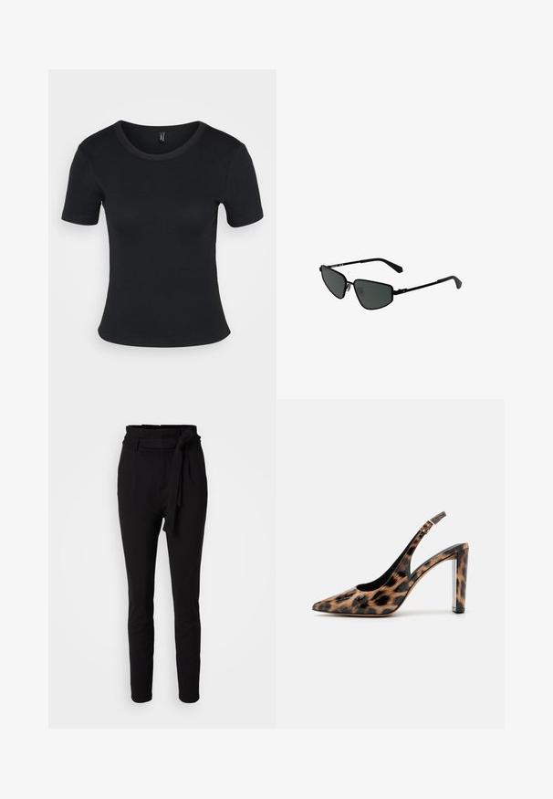 Mustat ribattut lyhythihaiset t-paidat, joissa on pyöreä kaula-aukko. Pehmeä rakenne ja istuva muotoilu, suora helma ja minimaalinen yksityiskohtaisuus.; Mustat housut, joissa on korkea vyötärö ja solmittava vyöyksikkö. Valmistettu pehmeästä kankaasta, jossa on sileä pinta ja kapeneva lahjerakenne.; Sandaali leopard-kuvioisella varrella, jossa on terävä nenä ja läpinäkyvä lohko korko. Valmistettu kiiltävästä materiaalista, jolla on sileä pinta.; Mustat metalliset aurinkolasit, joissa on kulmikkaat kehykset ja tummat linssit. Sisältää ohuet, suorat varret ja nenätyynyt varman istuvuuden takaamiseksi.; Hopea renkaankorvakoru kiiltävällä pinnalla, jossa on pieniä kultaisia yksityiskohtia ja pyöreä muoto, käytetty korvalla.