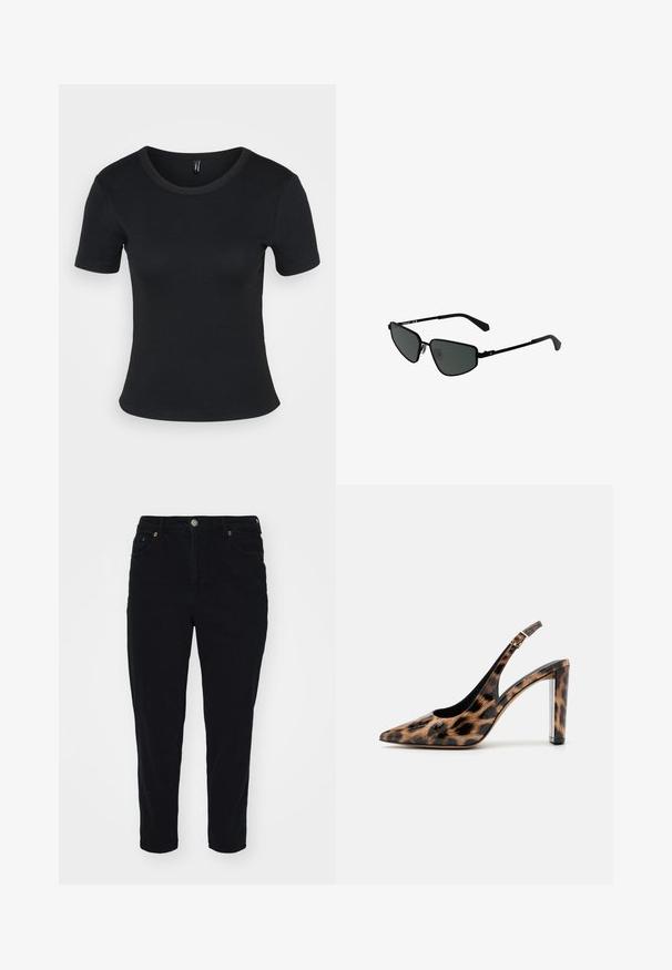 Camiseta negra de manga corta con un cuello redondo. Textura suave y diseño ajustado, con un dobladillo recto y un detalle mínimo.; Jeans de denim negro con corte recto, bolsillos frontales y cierre de botón metálico. Presentan un acabado limpio y detalles de costura sutiles.; Zapato de salón con estampado de leopardo y tacón de bloque transparente. Fabricado con material brillante y textura suave.; Gafas de sol de metal negro con montura angular y lentes oscuros. Cuentan con varillas delgadas y rectas, así como almohadillas nasales para un ajuste seguro.