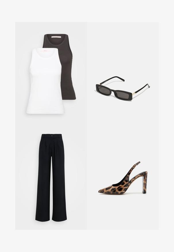 Twee tanktops in wit en donkergrijs, met een ribbelstructuur, ronde halslijnen en mouwloos ontwerp. Labels zijn aan de binnenkant van de halslijn.; Zwarte, wijde broek van gladde stof, met een knoopsluiting en subtiele plooien, voorzien van een elastische tailleband voor extra comfort.; Leopardprint slingback pump met een spitse neus en een transparante blokhak. Gemaakt van glanzend materiaal met een gladde textuur.; Zwarte rechthoekige zonnebril met donkere lenzen, glanzende plastic monturen en gouden accenten op de slapen. Minimalistisch ontwerp en elegante vorm.