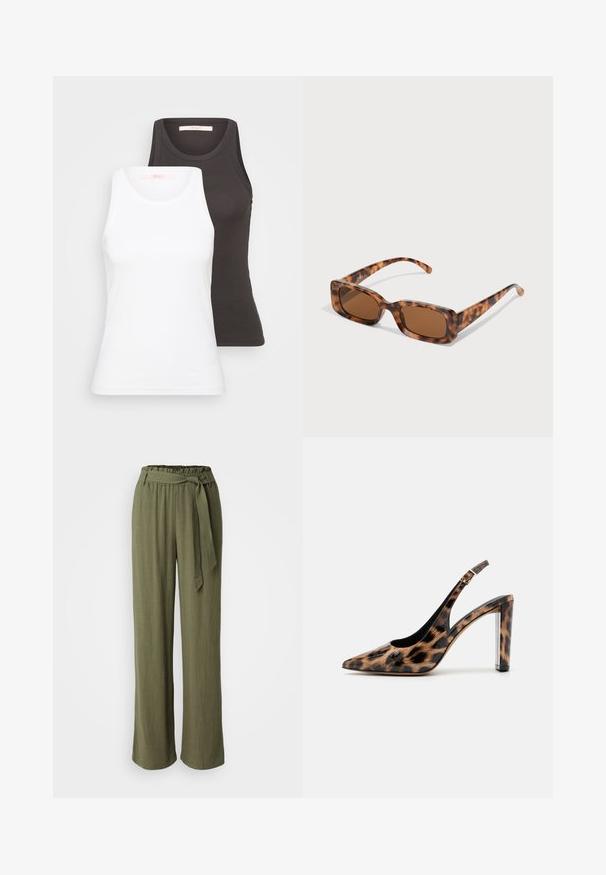 Zwei Tanktops in Weiß und Dunkelgrau mit gerippter Textur, rundem Ausschnitt und ärmellosem Design. Die Etiketten befinden sich im Innenausschnitt.; Hosen in Olivgrün, aus leichtem Stoff. Verfügt über ein weites Bein, einen elastischen Bund und einen Stoffgürtel mit Schleifen-Detail.; Pumps mit Leopardenmuster im Slingback-Stil, spitz zulaufend und mit transparentem Blockabsatz. Hergestellt aus glänzendem Material mit glatter Oberfläche.; Schildpattsonnenbrille mit rechteckigen, braunen Gläsern, einem dicken Rahmen und schmalen Bügeln, die ein Muster aus verschiedenen Brauntönen aufweisen.