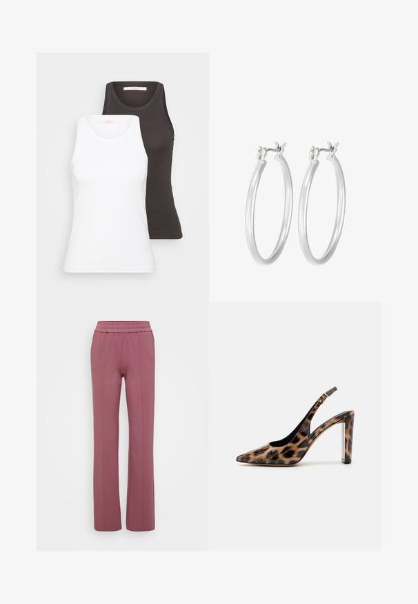 Dvoje tielok v bielej a tmavo sivej farbe, s rebrovanou textúrou, okrúhlym výstrihom a bezrukávovým dizajnom. Štítky sú na vnútornom výstrihu.; Svetlé fialové nohavice v rovnom strihu s elastickým pásom. Vyrobené z mäkkého materiálu, s vertikálnymi švami pre prešitý vzhľad.; Lodičky so slingback v leopardom vzore s ostrou špičkou a priehľadným blokovým podpätkom. Vyrobené z lesklého materiálu s hladkou textúrou.; Strieborné kruhové náušnice s hladkým, lesklým povrchom. Kolový tvar a bezpečné klikanie na uzatváranie. Ľahký dizajn vhodný na každodenné nosenie.