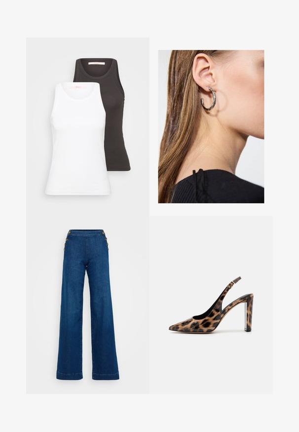 Două maieuri în alb și gri închis, cu o textură canalată, guler rotund și design fără mâneci. Etichetele sunt pe gulerul interior.; Jeans largi de culoare albastru închis cu talie înaltă, detalii cu nasturi din alamă pe lateral și un finisaj curat, fără embellishment, la tiv.; Pantof cu toc înalt, cu imprimeu leopard, cu vârf ascuțit și toc transparent. Fabricat dintr-un material lucios, cu o textură netedă.; Cercel din argint cu un finisaj polișat, având detalii mici din aur și o formă rotundă, purtat pe lobul urechii.