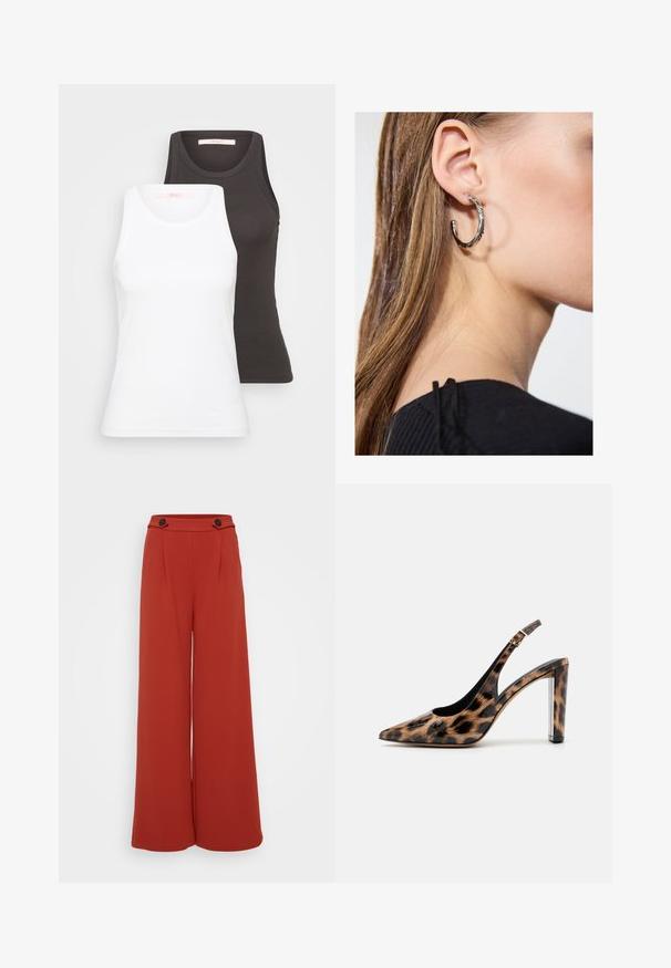 Kaks valget ja tumehallist tank topi, millel on ribakujundus, ümarad kaelused ja varrukateta disain. Sildid asuvad sisemisel kaelusel.; Laiad püksid sügavas punakas-oranžis kangas. Omavad kaht esist plekti ja kahte nuppu vööpaela peal. Sile tekstuur, vabamalt voolav disain.; Leopardimustriga saadaval sanga pump kõrge kontsaga, millel on terav varvas ja läbipaistev plokktald. Valmistatud läikivast materjalist, millel on sile tekstuur.; Hõbedane rõngas kõrvarõngas poleeritud viimistlusega, millel on väikesed kuldsed aktsendid ja ümmargune kuju, kantud lobus.