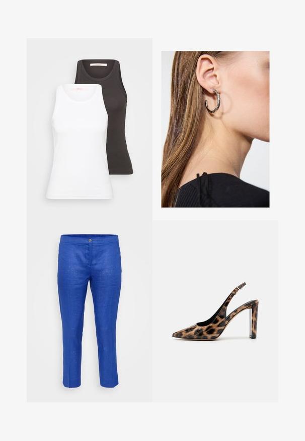 Två linnen i vitt och mörkgrått, med ribbat mönster, rundad halsringning och ärmlös design. Etiketter finns på insidan av halsringningen.; Herrens korta byxor i livlig blå linne, med knappstängning, slät yta och rak silhuett med subtila veckdetaljer.; Leopardmönstrad slingback-pump med spetsig tå och transparent blockklack. Tillverkad av glansigt material med en slät textur.; Silverörhänge med polerad yta, med små detaljer i guld och rund form, bärs på loben.