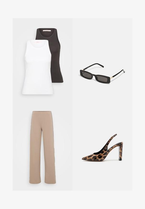 Kaks valget ja tumehallist tank topi, millel on ribakujundus, ümarad kaelused ja varrukateta disain. Sildid asuvad sisemisel kaelusel.; Beige laiad püksid siledast kangast mustade külgtriipudega. Omavad kõrget vööd, mis loob voolava silueti.; Leopardimustriga saadaval sanga pump kõrge kontsaga, millel on terav varvas ja läbipaistev plokktald. Valmistatud läikivast materjalist, millel on sile tekstuur.; Mustad ristkülikukujulised prillid tumedate läätsedega, läikivad plastraamid ja kuldsed aktsendid templites. Minimalistlik disain ja voolujooneline kuju.