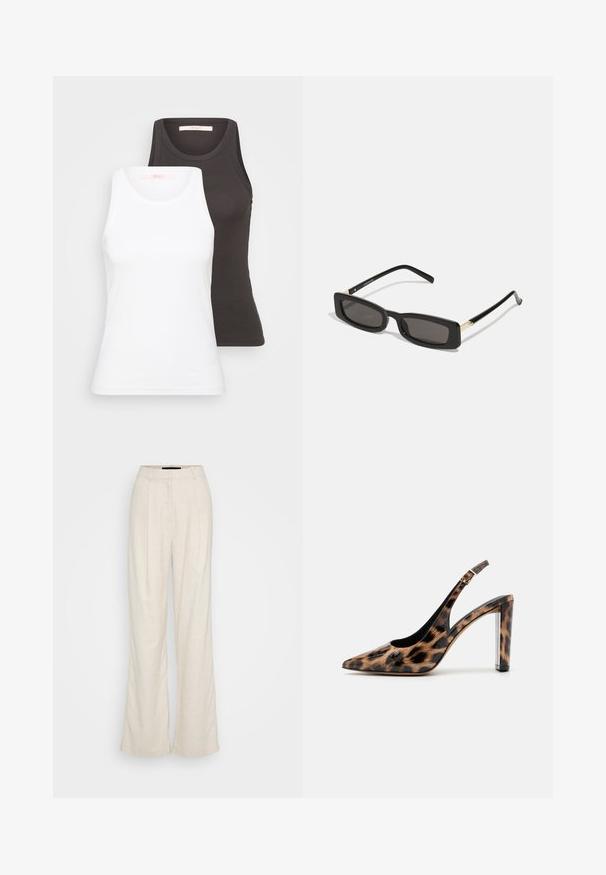 Due canotte in bianco e grigio scuro, caratterizzate da una texture a costine, scollature rotonde e design senza maniche. Le etichette sono all'interno della scollatura.; Vero Moda Tall VMSOFFIE WIDE - Pantaloni - birch; Décolleté con stampa leopardata, dotato di cinturino alla caviglia e tacco a blocco trasparente. Realizzato in materiale lucido con una superficie morbida.; Occhiali da sole neri rettangolari con lenti scure, montatura in plastica lucida e accenti dorati sulle tempie. Design minimalista e forma elegante.