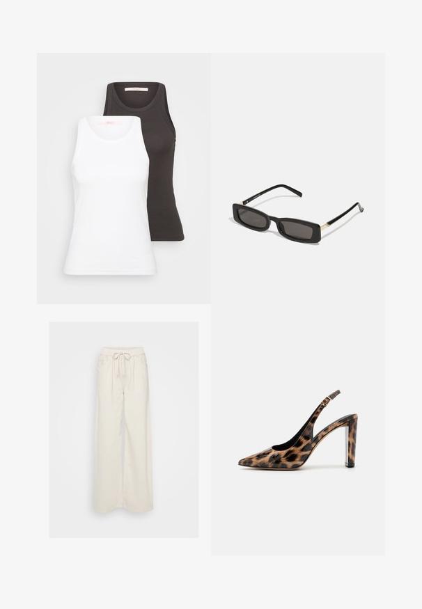 Zwei Tanktops in Weiß und Dunkelgrau mit gerippter Textur, rundem Ausschnitt und ärmellosem Design. Die Etiketten befinden sich im Innenausschnitt.; Cremfarbene weite Hosen aus weichem Stoff mit einem elastischen Bund und Zugband. Verfügt über zwei seitliche Taschen.; Pumps mit Leopardenmuster im Slingback-Stil, spitz zulaufend und mit transparentem Blockabsatz. Hergestellt aus glänzendem Material mit glatter Oberfläche.; Schwarze rechteckige Sonnenbrillen mit dunklen Gläsern, glänzenden Kunststoffrahmen und goldenen Akzenten an den Bügeln. Minimalistisches Design und schlanke Form.