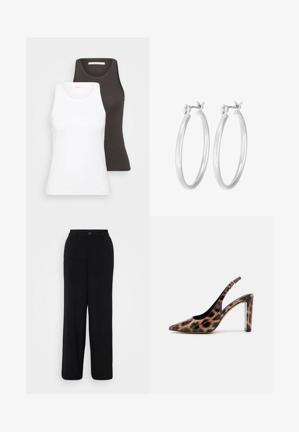Twee tanktops in wit en donkergrijs, met een ribbelstructuur, ronde halslijnen en mouwloos ontwerp. Labels zijn aan de binnenkant van de halslijn.; Zwarte wijde broek van een gladde stof. Heeft een tailleband met een knoopsluiting en details van een voornaad.; Leopardprint slingback pump met een spitse neus en een transparante blokhak. Gemaakt van glanzend materiaal met een gladde textuur.; Zilveren oorbellen in de vorm van een gladde, gepolijste ring. Ronde vorm met een veilige kliksluiting. Lichtgewicht ontwerp, geschikt voor dagelijks gebruik.