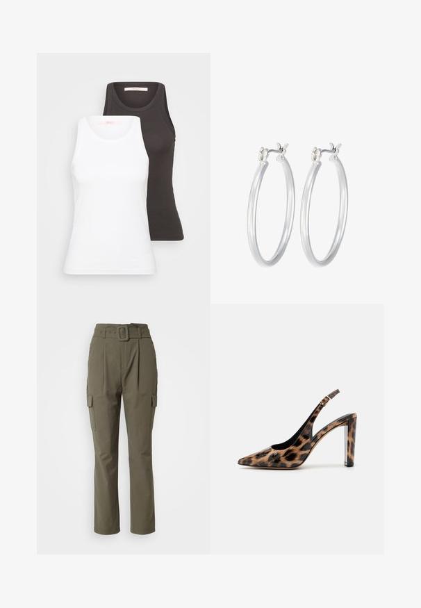 Dvoje tielok v bielej a tmavo sivej farbe, s rebrovanou textúrou, okrúhlym výstrihom a bezrukávovým dizajnom. Štítky sú na vnútornom výstrihu.; Olivovo zelené cargo nohavice s pásom v páse, rovnými nohami, dvoma bočnými vreckami a hladkou textúrou látky.; Lodičky so slingback v leopardom vzore s ostrou špičkou a priehľadným blokovým podpätkom. Vyrobené z lesklého materiálu s hladkou textúrou.; Strieborné kruhové náušnice s hladkým, lesklým povrchom. Kolový tvar a bezpečné klikanie na uzatváranie. Ľahký dizajn vhodný na každodenné nosenie.