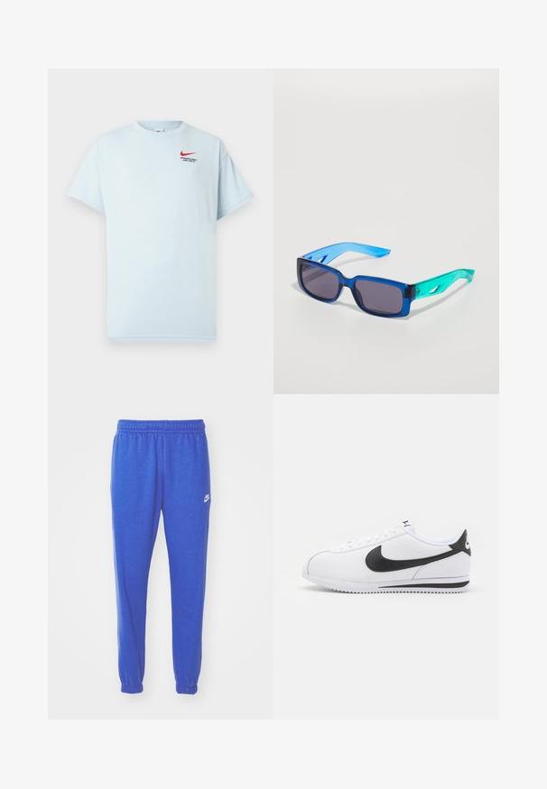 Ανοιχτό μπλε βαμβακερό μπλουζάκι με κοντά μανίκια, στρογγυλή λαιμόκοψη και κόκκινο λογότυπο της Nike. Κείμενο που γράφει "ΑΘΛΗΤΙΚΟ ΤΜΗΜΑ. ΑΠΛΑ ΚΑΝΤΕ ΤΟ."; Μπλε αθλητικά παντελόνια από υφασμάτινη υφή, με ελαστική μέση και μανσέτες στον αστράγαλο, καθώς και ένα μικρό λευκό λογότυπο της Nike στο πλάι.; Λευκά δερμάτινα αθλητικά παπούτσια με μαύρο λογότυπο Nike, επίπεδες κορδόνες και υφή από καουτσούκ στη σόλα. Στρογγυλή μύτη και επενδεδυμένος λαιμός για άνεση.; Μπλε και πράσινα γυαλιά ηλίου με ορθογωνικούς φακούς; διαφανείς σκελίδες; υφή μπλε βραχίονες; σκούροι φακοί; αξιοσημείωτη σήμανση στο πλάι.