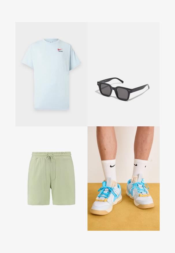 Světle modré bavlněné tričko s krátkými rukávy, kulatým výstřihem a červeným logem Nike swoosh. Text zní "SPORTOVNÍ ODDĚLENÍ. JEN TO UDĚLEJ."; Světle zelené šortky vyrobené z měkké tkaniny, s elastickým pasem a šňůrkou na stažení, a boční kapsou. Hladká textura, pohodlný střih.; Světle modré tenisky s hnědými podešvěmi, které mají výrazné tyrkysové tkaničky a žluté akcenty. Texturované materiály a viditelné vzduchové polstrování.; Černé obdélníkové sluneční brýle s tmavými skly, disponující silným rámem, decentními akcenty po stranách a bez viditelných log kromě názvu značky.