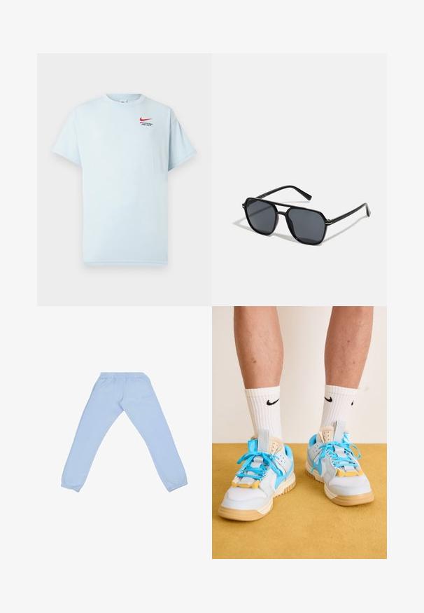 Svietlo modré bavlnené tričko s krátkymi rukávmi, okrúhlym výstrihom a červeným logom Nike swoosh. Text uvádza "ATLETICKÉ ODD. LEN TO UROB."; Svetlomodré tepláky vyrobené z jemného materiálu, s elastickým pásom, zúženými nohavicami a jemným logom na boku.; Svetlo modré tenisky s béžovými podrážkami, s výraznými tyrkysovými šnúrkami a žltými akcentmi. Textúrované materiály a viditeľné vzduchové vankúše.; Čierne slnečné okuliare s osemuholníkovým rámom, tmavými sklami, lesklým povrchom, tenkými rámčekmi a zlatými akcentmi na prednej strane.