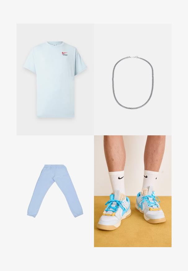 Svietlo modré bavlnené tričko s krátkymi rukávmi, okrúhlym výstrihom a červeným logom Nike swoosh. Text uvádza "ATLETICKÉ ODD. LEN TO UROB."; Svetlomodré tepláky vyrobené z jemného materiálu, s elastickým pásom, zúženými nohavicami a jemným logom na boku.; Svetlo modré tenisky s béžovými podrážkami, s výraznými tyrkysovými šnúrkami a žltými akcentmi. Textúrované materiály a viditeľné vzduchové vankúše.; Strieborný kovový náhrdelník z reťaze s hrubými, prepojenými článkami, lesklým povrchom a malým zapínaním s detailom značky.