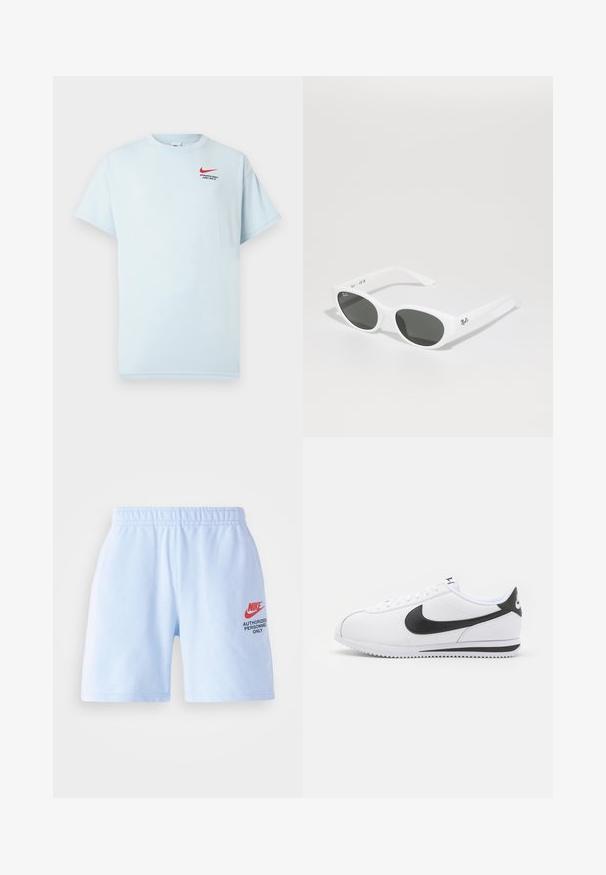 Camiseta de algodão azul clara com mangas curtas, gola redonda e um logo da Nike em vermelho. O texto diz "DEPARTAMENTO ATLÉTICO. APENAS FAÇA."; Bermudas de algodão azul claro com um cós elástico. Apresenta o logótipo vermelho da Nike e o texto "APENAS PESSOAL AUTORIZADO" em preto.; Sapatilhas brancas de couro com o swoosh preto da Nike, atacadores planos e sola de borracha texturizada. Bico arredondado e colarinho acolchoado para maior conforto.; Óculos de sol brancos com armação redonda e lentes escuras. Apresenta uma textura plástica suave e um pequeno logótipo na haste.