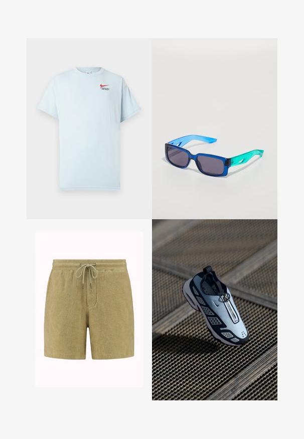 Vaaleansininen puuvillapaita, jossa on lyhyet hihat, pyöreä kaula-aukko ja punainen Nike-swoosh-logo. Teksti kuului "ATLETISET OSASTO. TEKEMÄTTÄ."; Pyyhkeestä valmistetut shortsit pehmeässä, oliivinvihreässä kankaassa. Ominaisuuksiin kuuluu nauhavyötärö metallipäillä, sivutaskut ja rento istuvuus.; Nike-kengät, joissa on liukupäiväys, vaalean sininen yläosa, mustat yksityiskohdat ja rei'itetyt sivupaneelit. Pyöristetty kärki ja teksturoitu pohja.; Siniset ja vihreät aurinkolasit, joissa on suorakulmaiset linssit; läpinäkyvät kehykset; teksturoidut siniset varret; tummat linssit; huomattava brändäys sivussa.