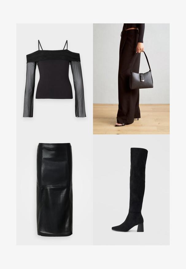 Top preto sem ombros com alças finas e mangas longas transparentes feitas de um tecido de malha translúcida.; Saia midi preta em couro sintético com costura em painéis e corte reto, sobre fundo branco.; Bota de camurça preta até ao joelho com salto bloco, bico fino e design suave e sem costuras sobre um fundo claro.; Bolsa preta com forma estruturada, textura suave e um fecho metálico. Combinada com calças largas pretas e sandálias de salto aberto sobre um chão de madeira.