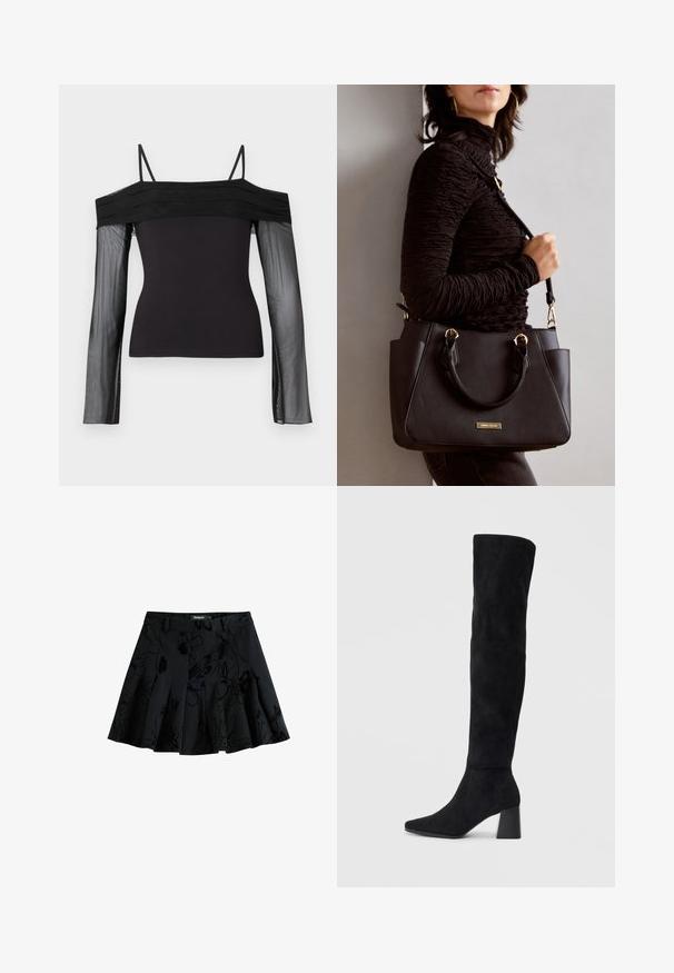 Top negro con hombros al descubierto, con tirantes finos y mangas largas transparentes de tela de tul translúcido.; Falda negra con plisados y un patrón floral, hecha de una tela texturizada. Presenta una cinturilla y un cierre de cremallera oculto.; Bota de ante negra hasta la rodilla con tacón cuadrado, puntera afilada y diseño liso y sin costuras sobre un fondo claro.; Bolso negro con superficie texturizada, doble asa superior y correa para hombro ajustable. Presenta herrajes en tono dorado y bolsillos laterales.