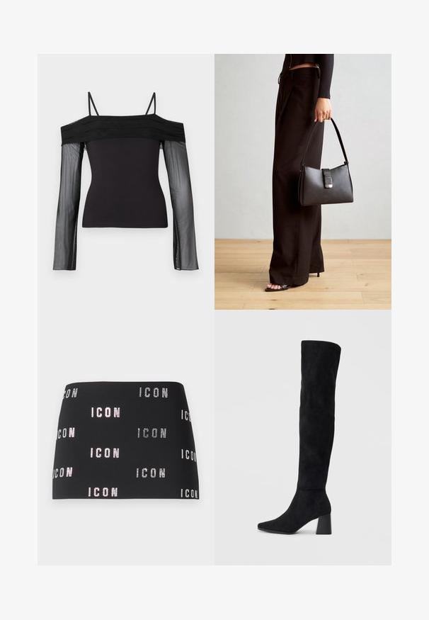 Crni top s otpadnim ramenima, tankim naramenicama i prozirnim dugim rukavima od mrežastog materijala.; Crna mini suknja sa blistavim tekstom "IKONA" u ponavljajućem uzorku preko tkanine, glatke teksture i prilagođenog dizajna.; Crne antilop čizme do koljena s blok potpeticom, šiljastim prstom i glatkim, bešavnim dizajnom na običnoj svijetloj pozadini.; Crna torba s oblikom koji sadrži strukturu, glađu teksturu i metalnu kopču. Uparena s širokim crnim hlačama i sandalama na otvorenom s drvenog poda.