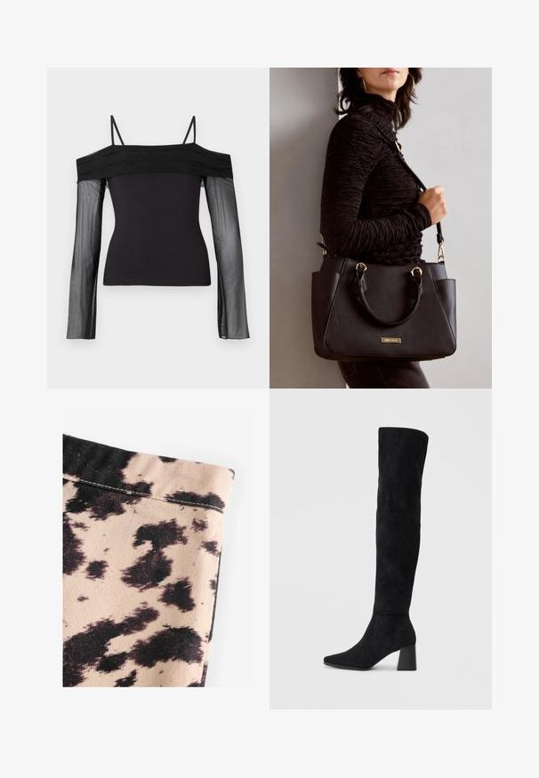Top negro con hombros al descubierto, con tirantes finos y mangas largas transparentes de tela de tul translúcido.; Tejido beige con estampado de manchas de vaca negras, con textura acanalada y detalles de costura simples. Sin hardware o acentos visibles.; Bota de ante negra hasta la rodilla con tacón cuadrado, puntera afilada y diseño liso y sin costuras sobre un fondo claro.; Bolso negro con superficie texturizada, doble asa superior y correa para hombro ajustable. Presenta herrajes en tono dorado y bolsillos laterales.