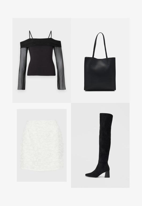 Black off-shoulder top with thin straps and sheer long sleeves made of translucent mesh fabric.; White mini skirt with a textured, frayed fabric surface, featuring a fitted shape and a clean hem, designed for a close fit.; Black suede knee-high boot with block heel, pointed toe, and smooth, seamless design on a plain light background.; Black leather tote bag with smooth texture, rectangular shape, and two long handles. No visible hardware or embellishments.