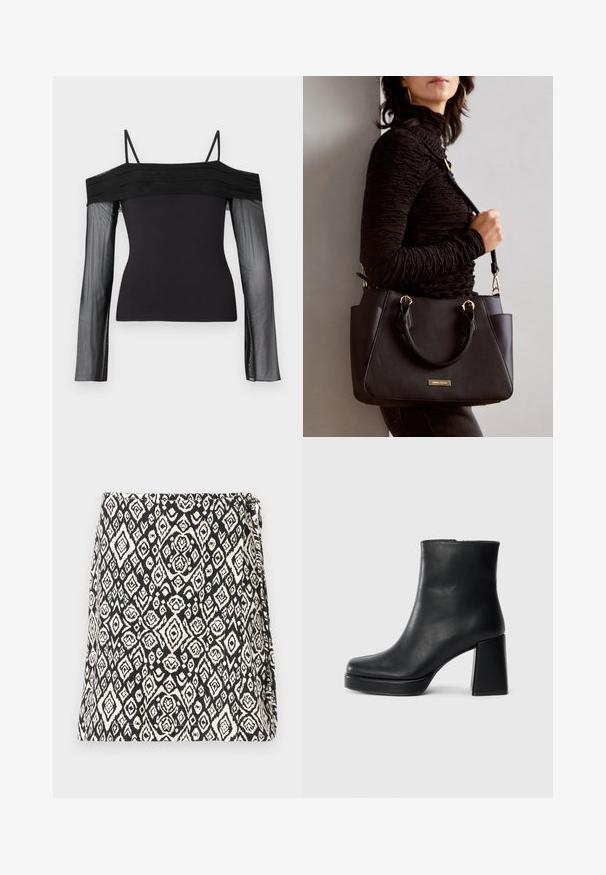 Svart avlingstopp med tynne stropper og gjennomsiktige lange ermer laget av gjennomsiktig mesh-stoff.; Svart og hvit veske med et geometrisk diamantmønster, laget av stoff med en teksturert overflate. Designet med en klaffåpning.; Sorte skinnankelsko med blokkhæl og plattformsåle, sett fra siden på en enkel hvit bakgrunn.; Svart håndveske med teksturert overflate, doble topphåndtak og justerbar skulderrem. Har detaljer i gulltone og sidelommer.