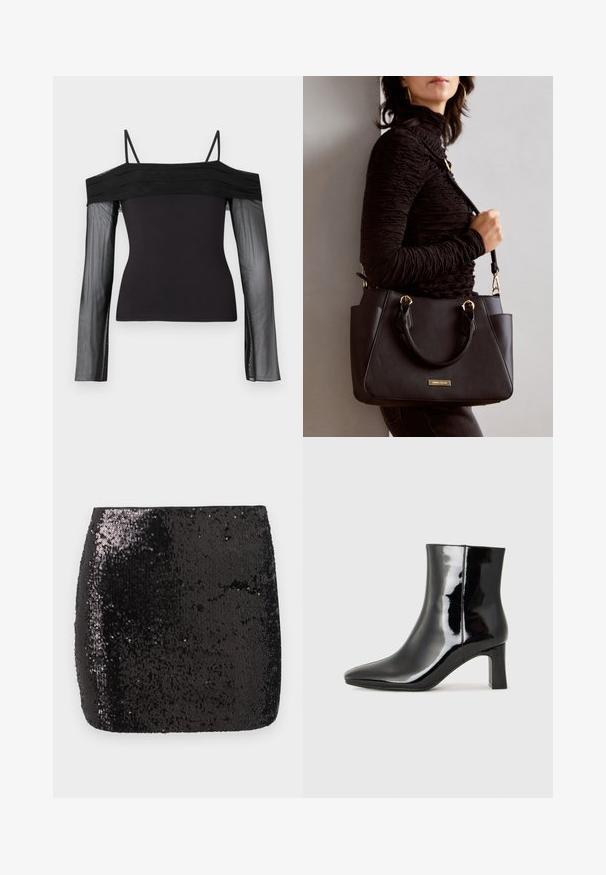 Sort off-shoulder top med tynde stropper og gennemsigtige lange ærmer lavet af gennemskinneligt mesh-stof.; Sort palietteret mini nederdel med en tætsiddende form, glat tekstur og skinnende overflade, der reflekterer lys og skaber visuel interesse.; Sort lakeret ankelstøvle med spids tå og en midt-højde blokhæl. Glat tekstur og minimalistisk design.; Sort håndtaske med struktureret overflade, dobbelt topbærere og justerbar skulderrem. Udstyret med guldfarvet metalhardware og sidelommer.